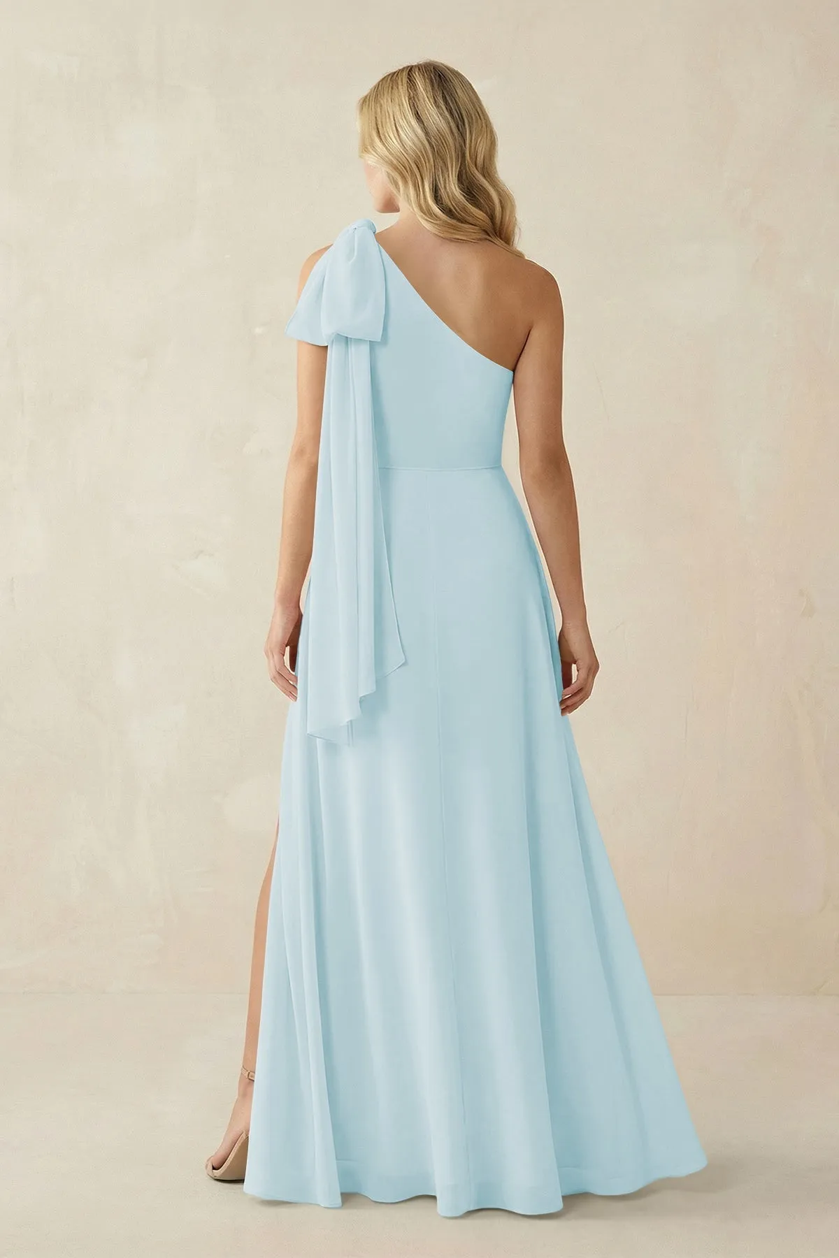 Ruffled One Shoulder Chiffon Bridesmaid Dress With Slit in Sky Blue sold by KissProm product image thumbnail 2