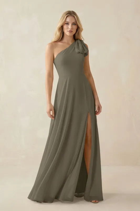 Ruffled One Shoulder Chiffon Bridesmaid Dress With Slit in Willow Green made by KissProm