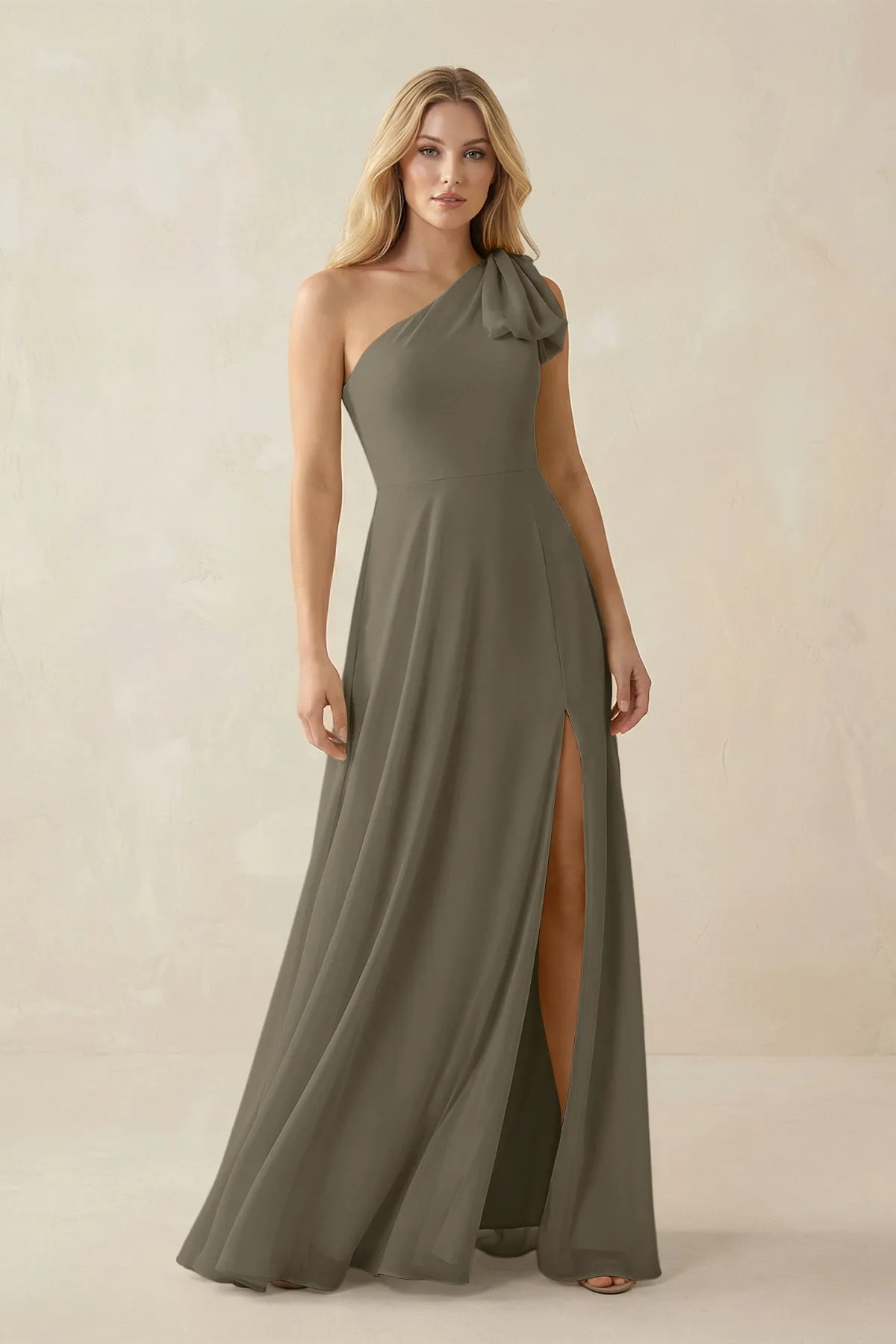 Ruffled One Shoulder Chiffon Bridesmaid Dress With Slit in Willow Green sold by KissProm