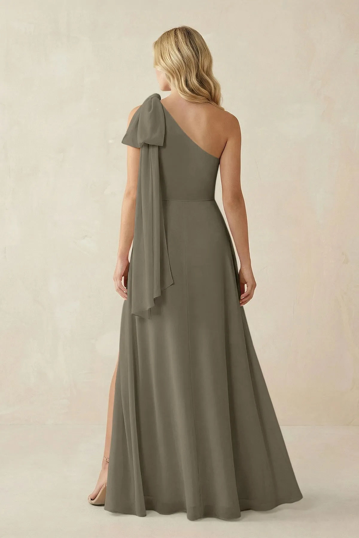 Ruffled One Shoulder Chiffon Bridesmaid Dress With Slit in Willow Green sold by KissProm product image thumbnail 2