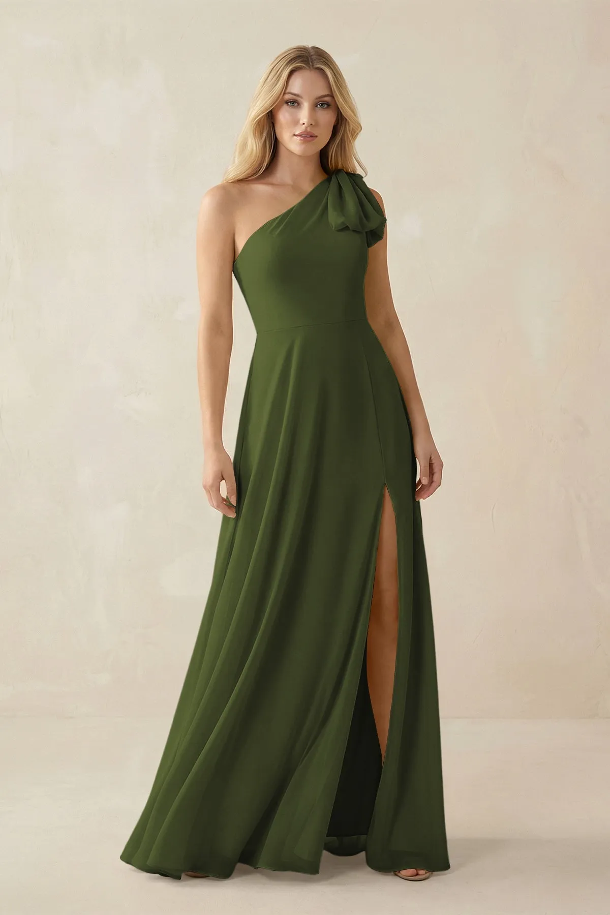Ruffled One Shoulder Chiffon Bridesmaid Dress With Slit in Olive sold by KissProm