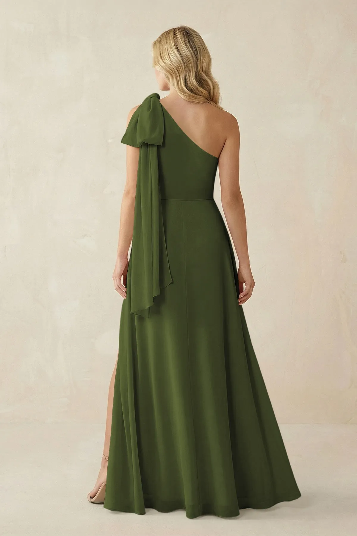 Ruffled One Shoulder Chiffon Bridesmaid Dress With Slit in Olive sold by KissProm product image thumbnail 2