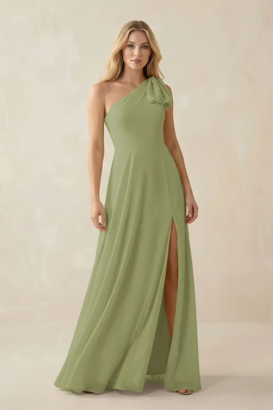 Ruffled One Shoulder Chiffon Bridesmaid Dress With Slit in Moss Green made by KissProm