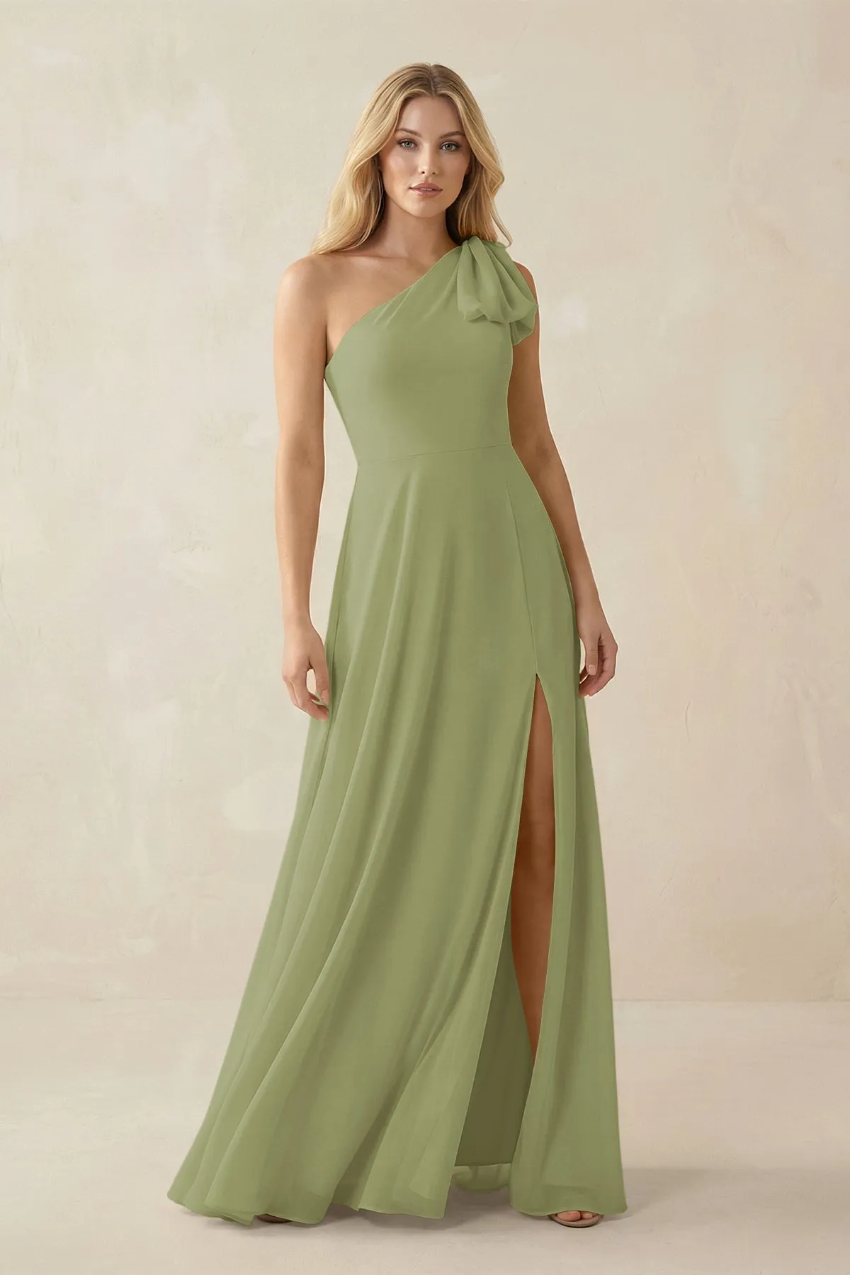 Ruffled One Shoulder Chiffon Bridesmaid Dress With Slit in Moss Green sold by KissProm