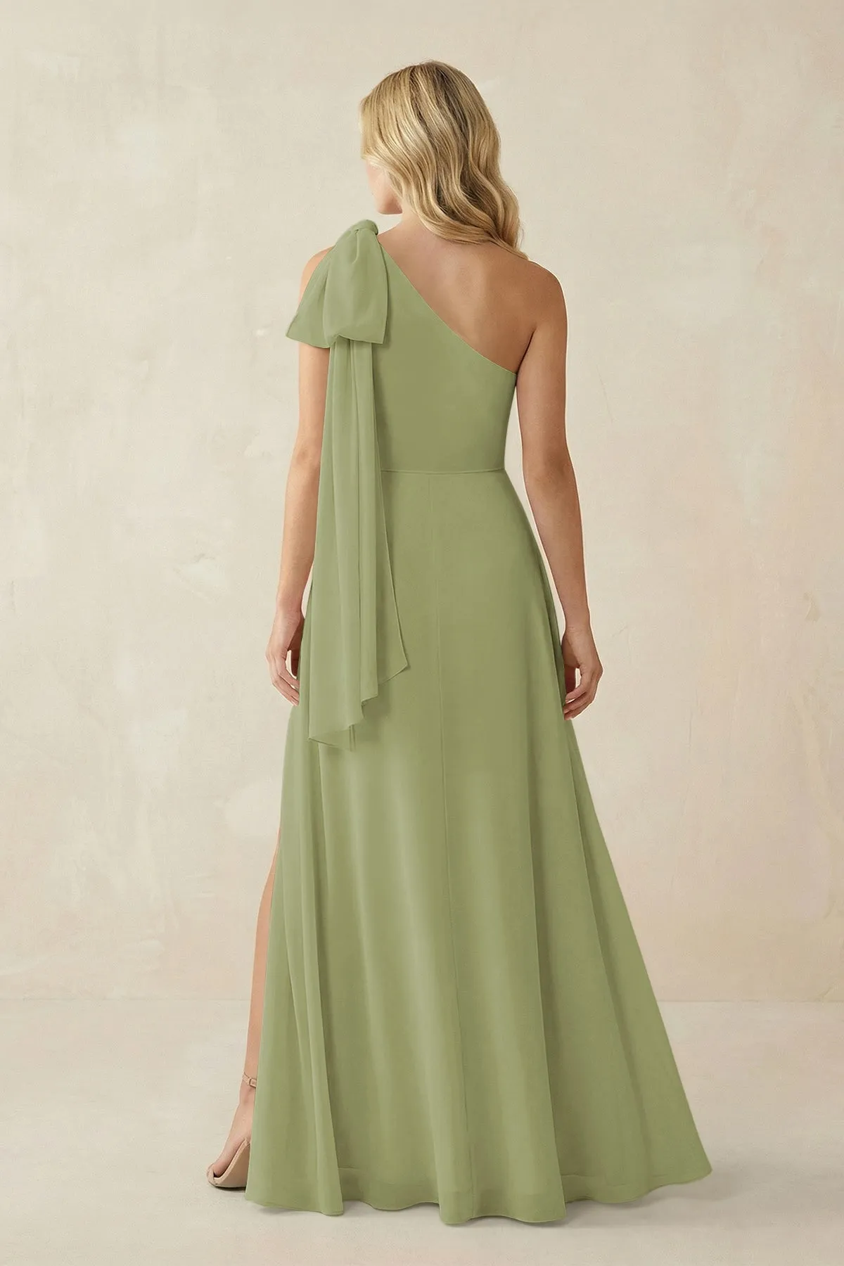 Ruffled One Shoulder Chiffon Bridesmaid Dress With Slit in Moss Green sold by KissProm product image thumbnail 2