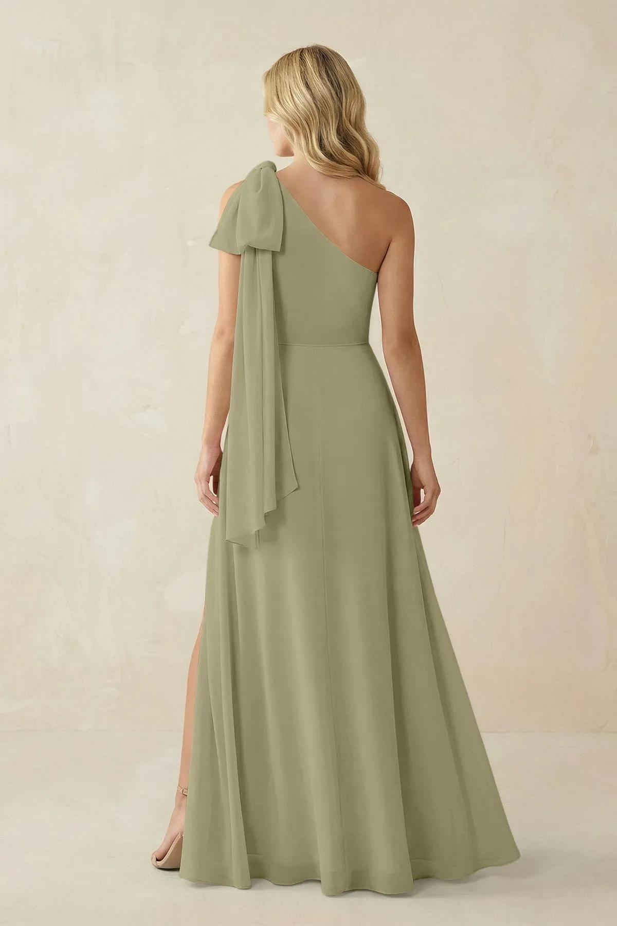 Ruffled One Shoulder Chiffon Bridesmaid Dress With Slit in Thyme sold by KissProm product image thumbnail 2