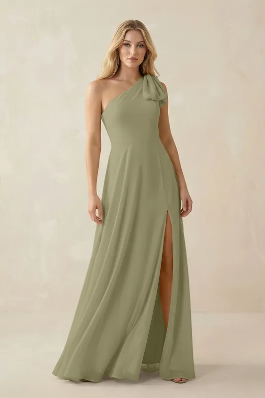 Ruffled One Shoulder Chiffon Bridesmaid Dress With Slit in Thyme made by KissProm
