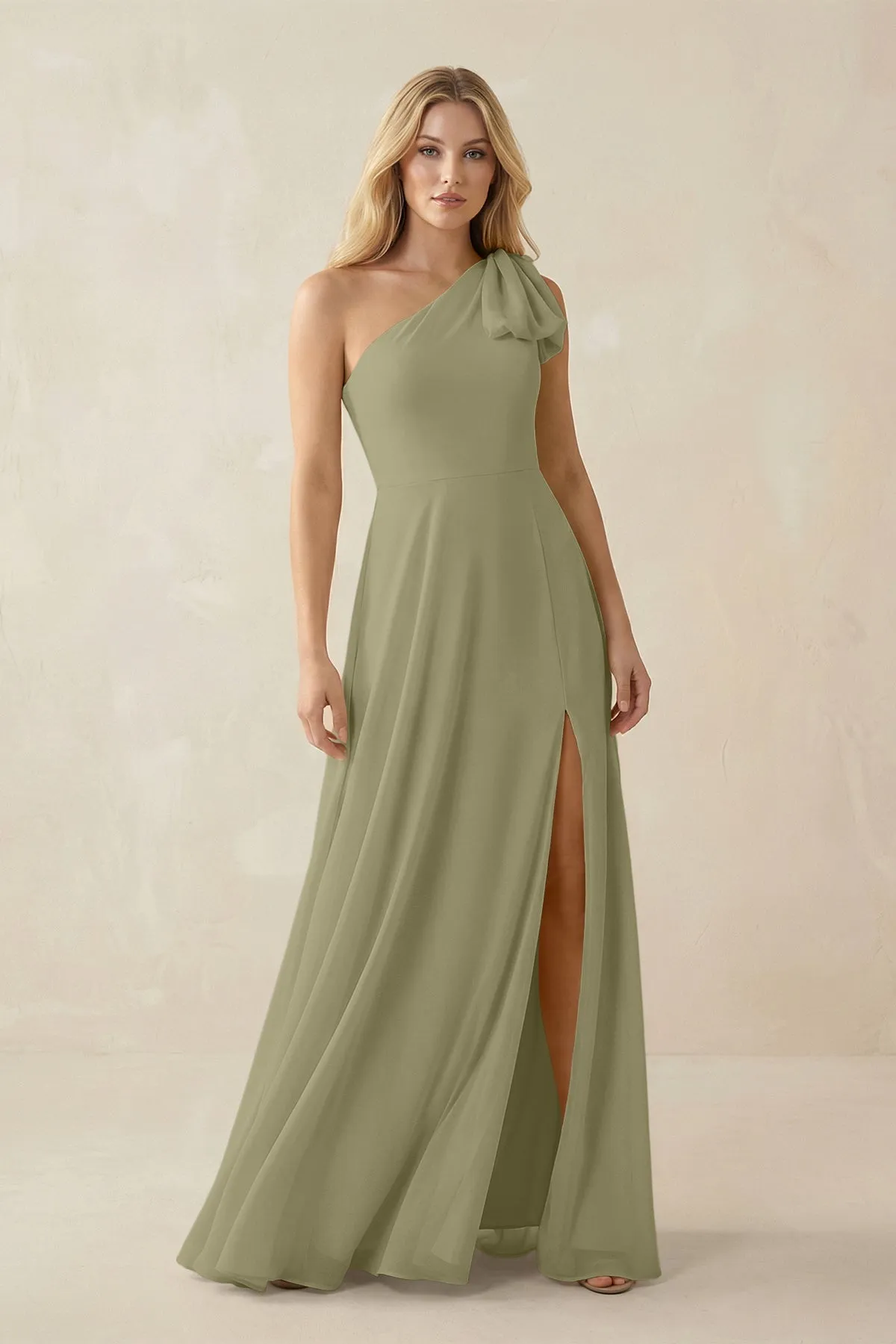 Ruffled One Shoulder Chiffon Bridesmaid Dress With Slit in Thyme sold by KissProm