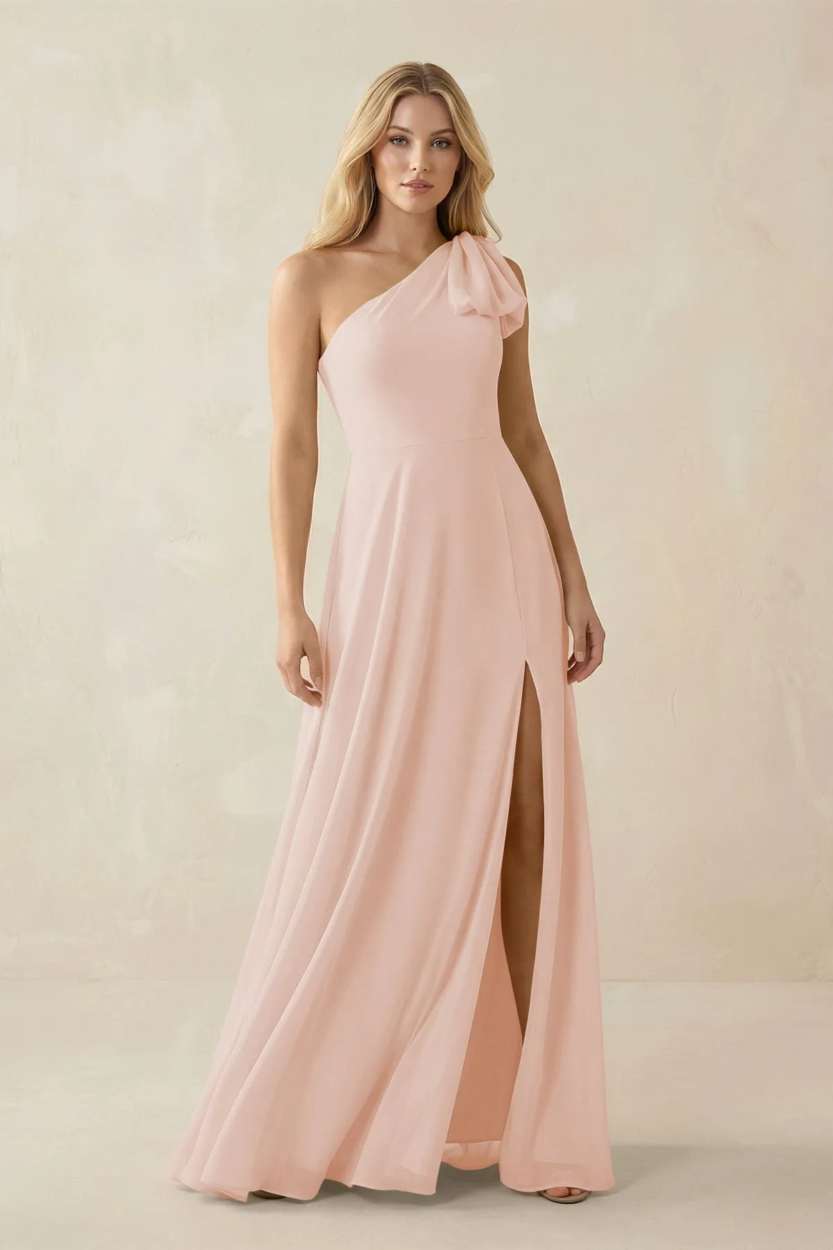 Ruffled One Shoulder Chiffon Bridesmaid Dress With Slit in Pale Blush sold by KissProm