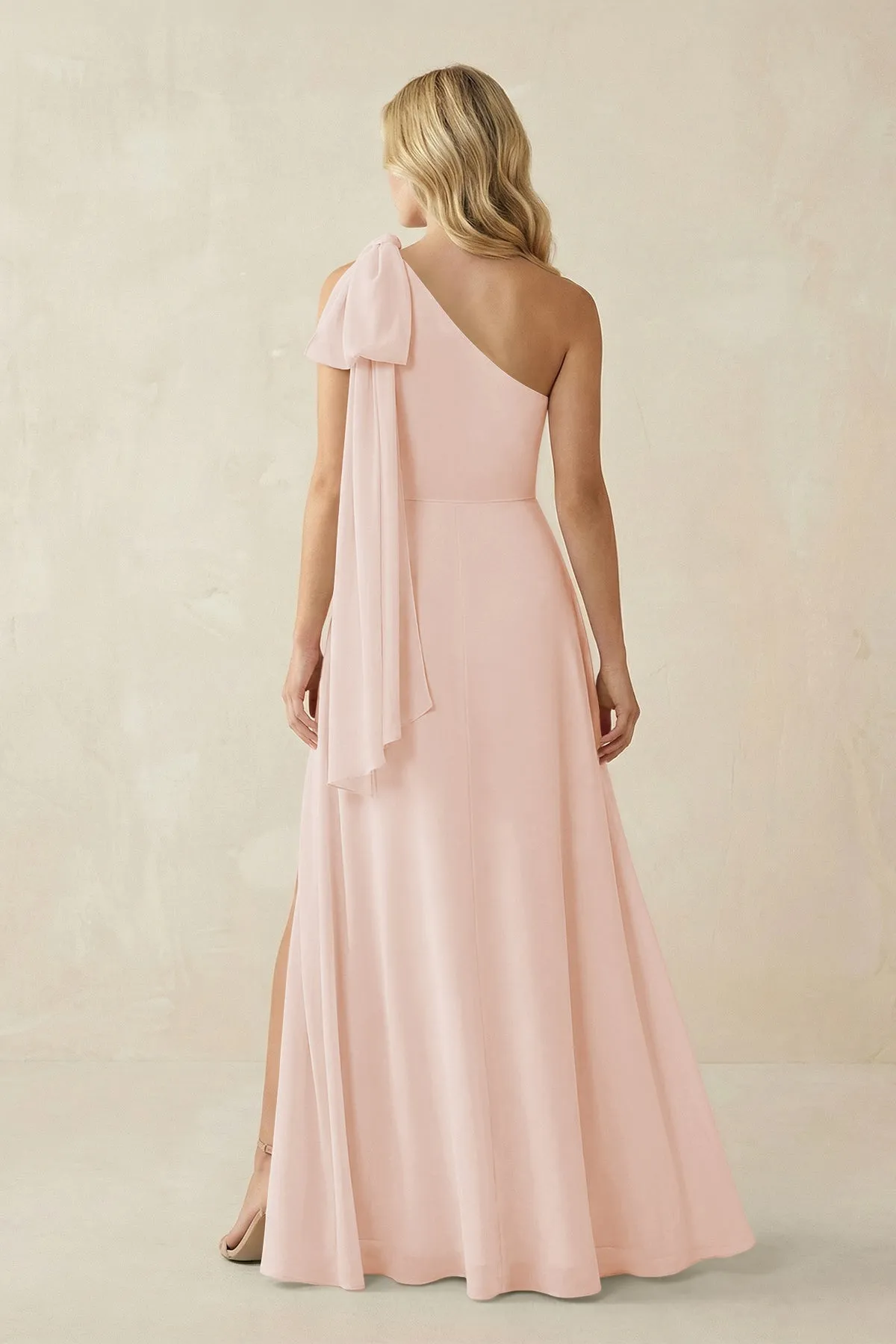 Ruffled One Shoulder Chiffon Bridesmaid Dress With Slit in Pale Blush sold by KissProm product image thumbnail 2