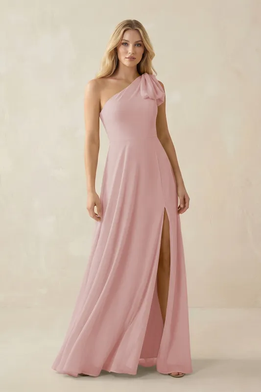 Ruffled One Shoulder Chiffon Bridesmaid Dress With Slit in Dusty Rose made by KissProm