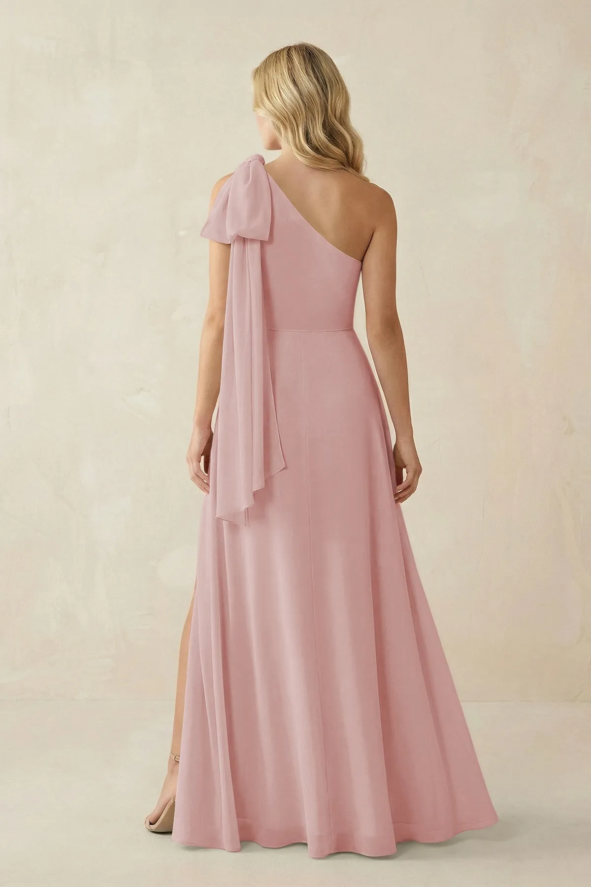 Ruffled One Shoulder Chiffon Bridesmaid Dress With Slit in Dusty Rose sold by KissProm product image thumbnail 2