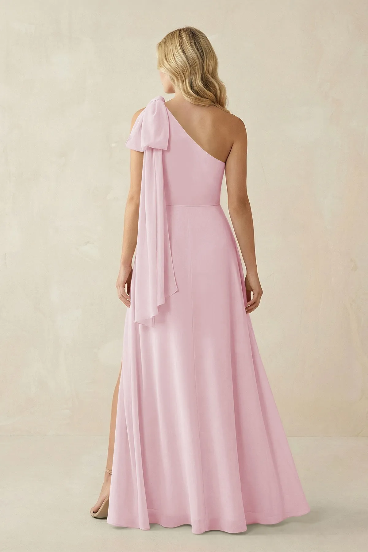 Ruffled One Shoulder Chiffon Bridesmaid Dress With Slit in Candy Pink sold by KissProm product image thumbnail 2