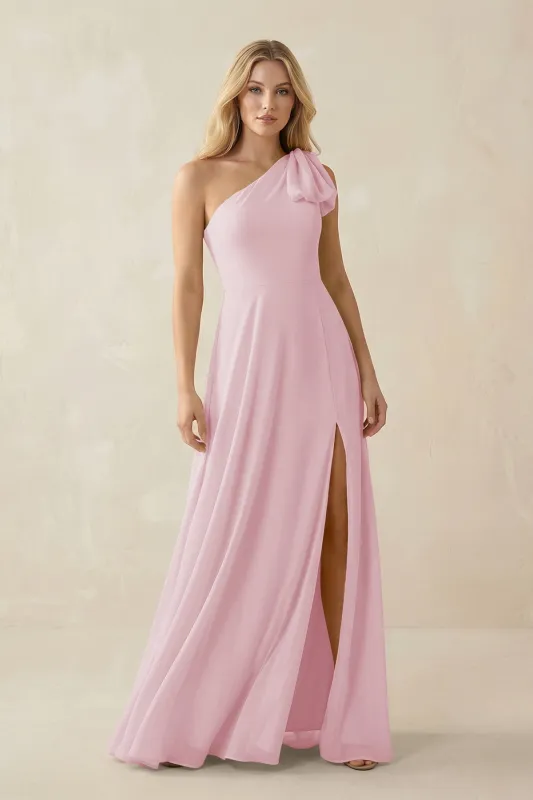 Ruffled One Shoulder Chiffon Bridesmaid Dress With Slit in Candy Pink made by KissProm