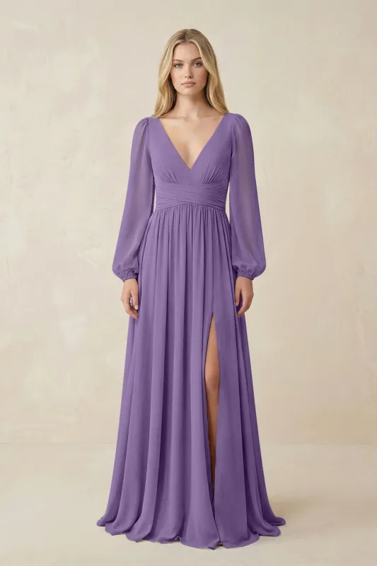 V-Neck Long Sleeve A-Line Chiffon Bridesmaid Dress in Tahiti made by KissProm