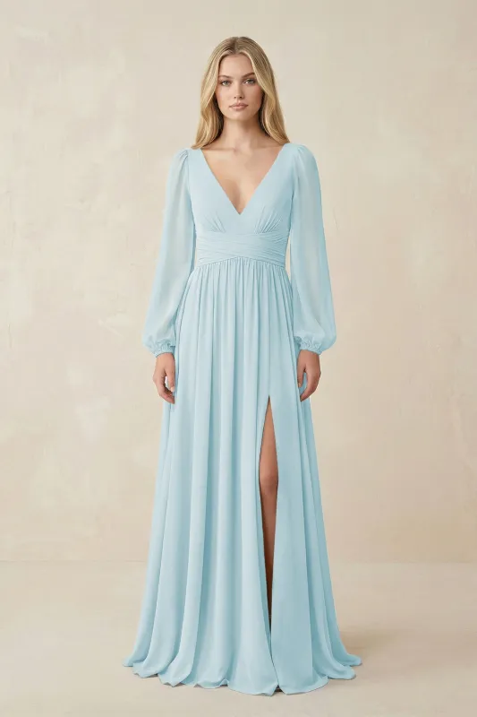 V-Neck Long Sleeve A-Line Chiffon Bridesmaid Dress in Sky Blue made by KissProm