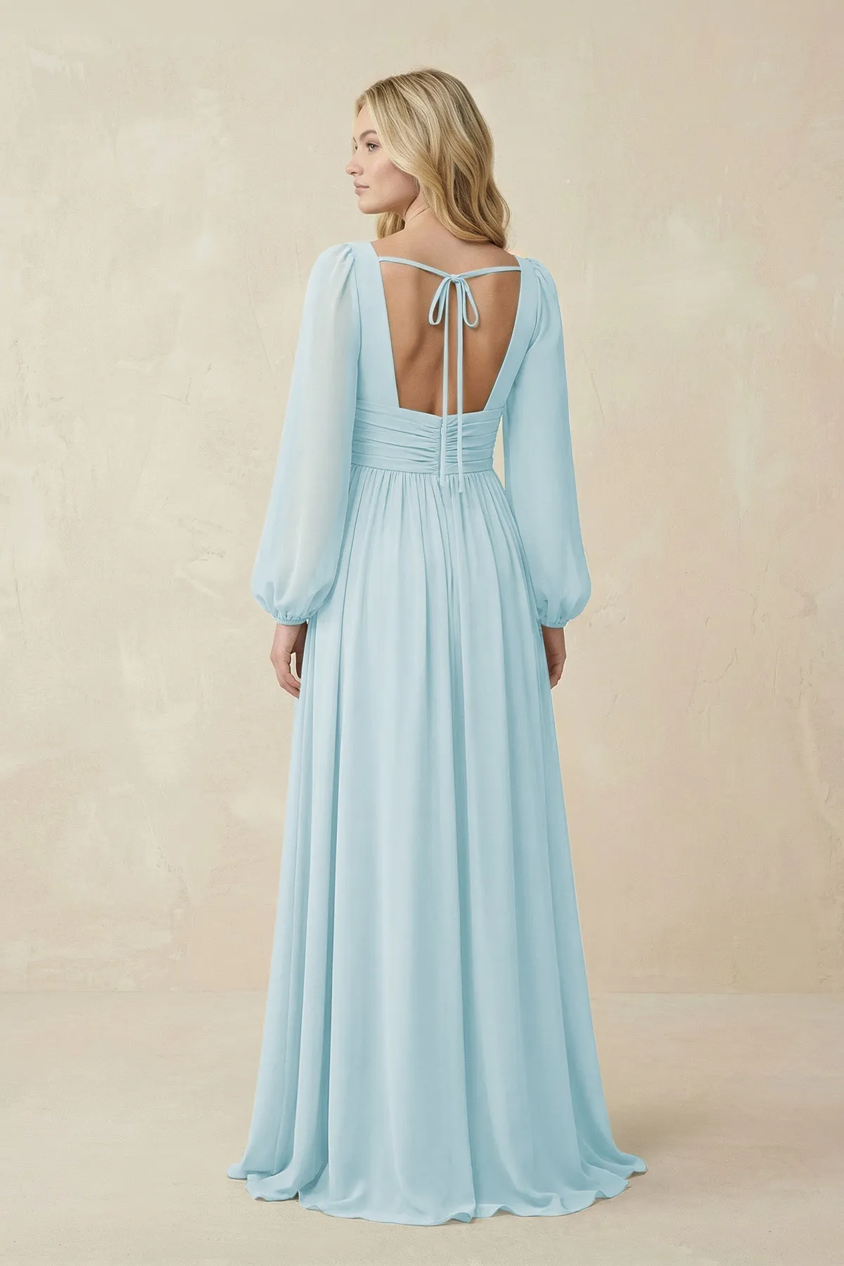 V-Neck Long Sleeve A-Line Chiffon Bridesmaid Dress in Sky Blue sold by KissProm product image thumbnail 2