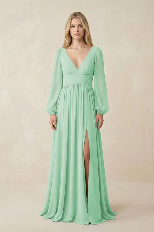 V-Neck Long Sleeve A-Line Chiffon Bridesmaid Dress in Pale Pistachio made by KissProm