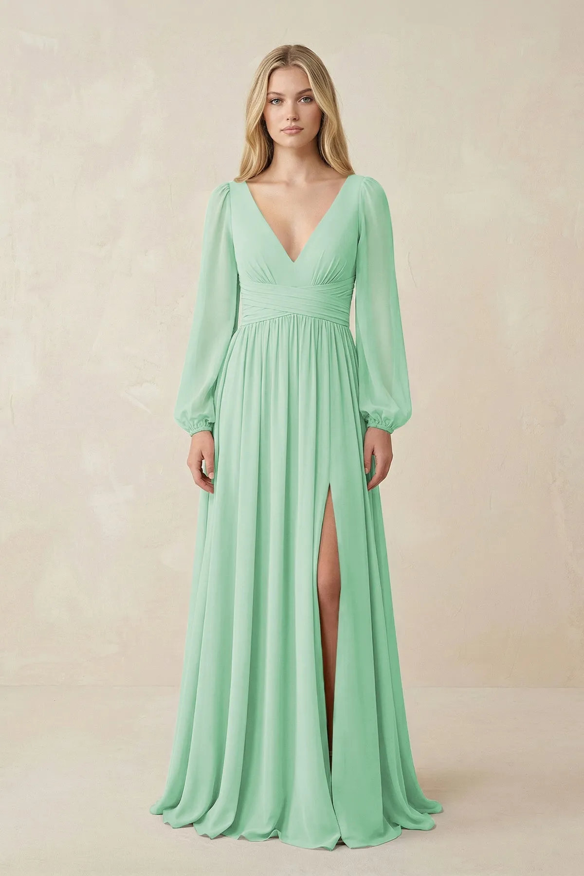 V-Neck Long Sleeve A-Line Chiffon Bridesmaid Dress in Pale Pistachio sold by KissProm