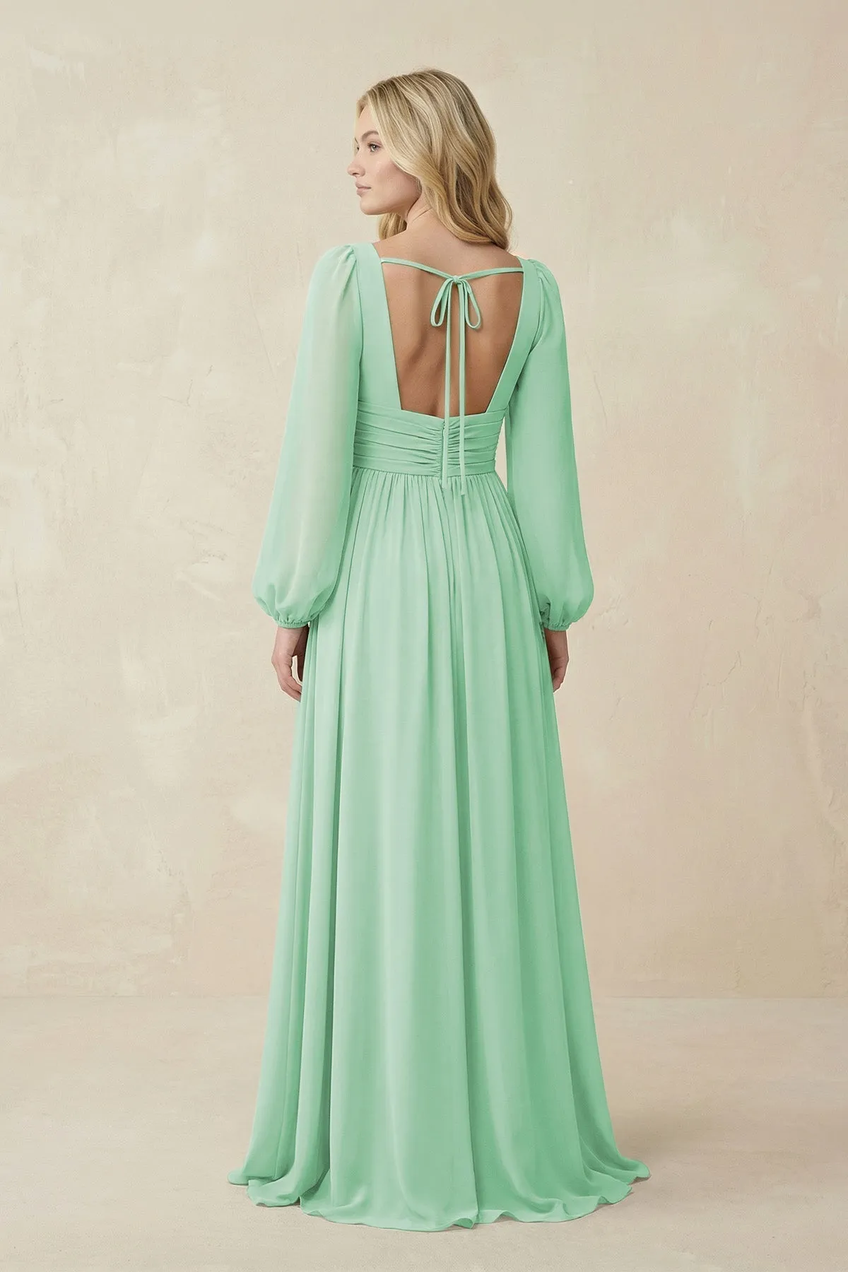 V-Neck Long Sleeve A-Line Chiffon Bridesmaid Dress in Pale Pistachio sold by KissProm product image thumbnail 2