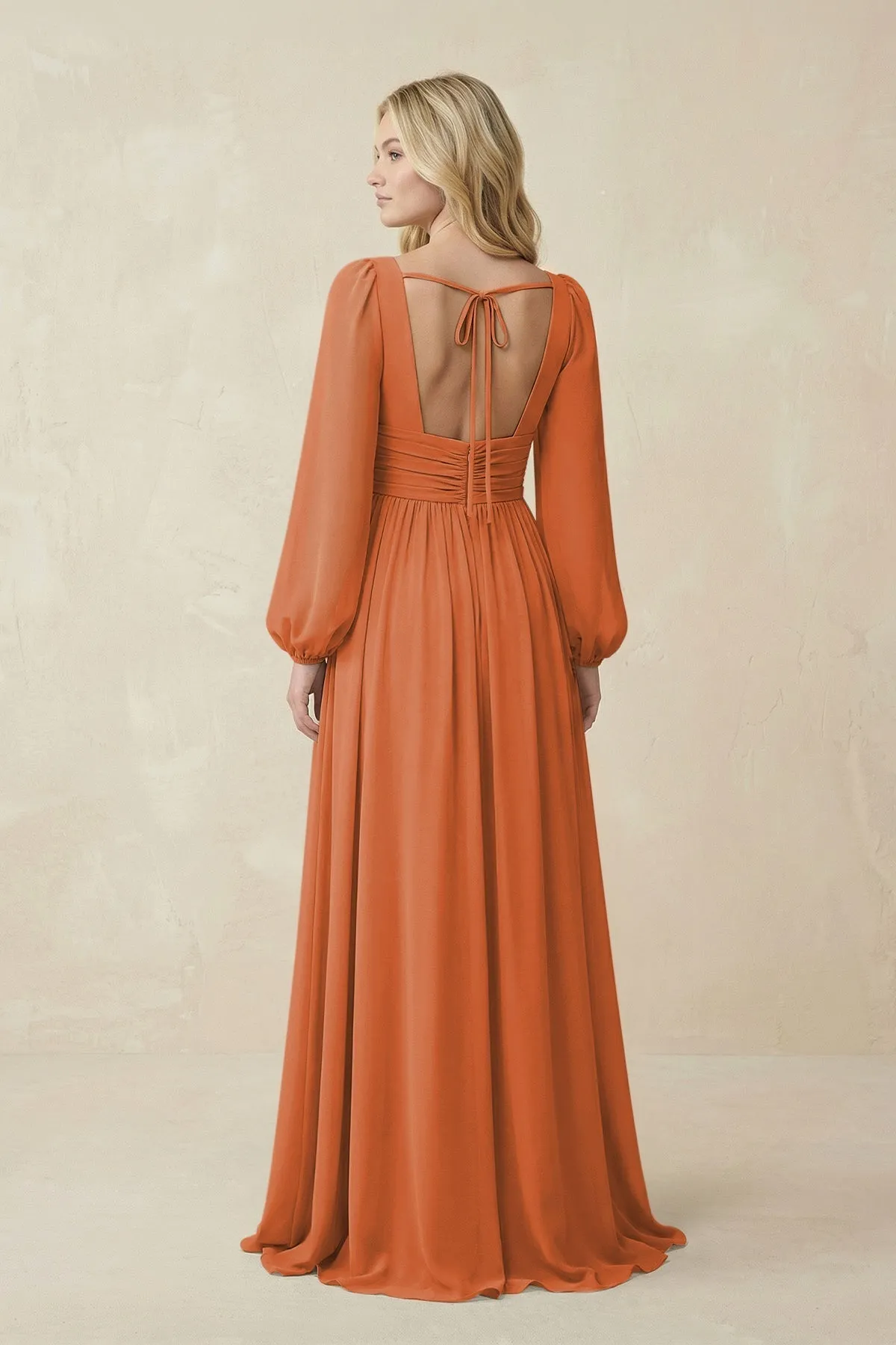 V-Neck Long Sleeve A-Line Chiffon Bridesmaid Dress in Terracotta sold by KissProm product image thumbnail 2