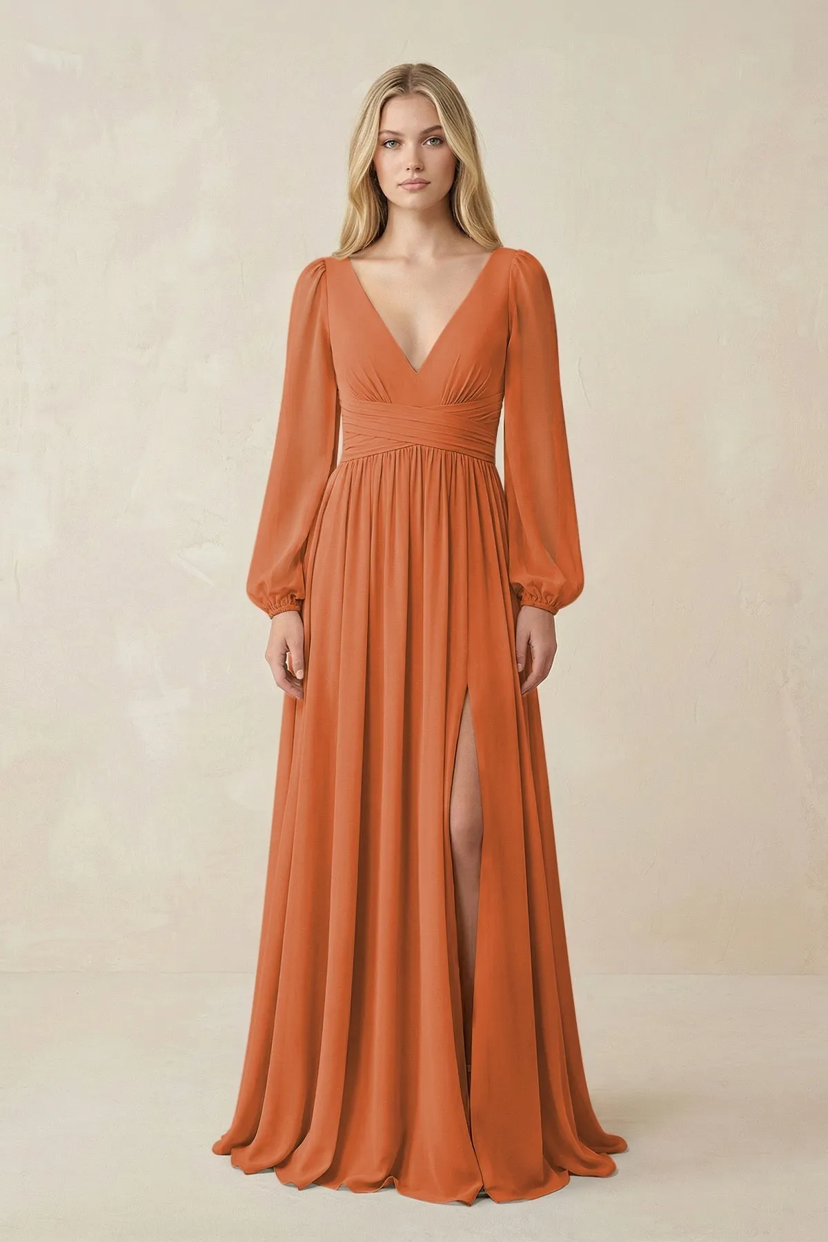 V-Neck Long Sleeve A-Line Chiffon Bridesmaid Dress in Terracotta sold by KissProm