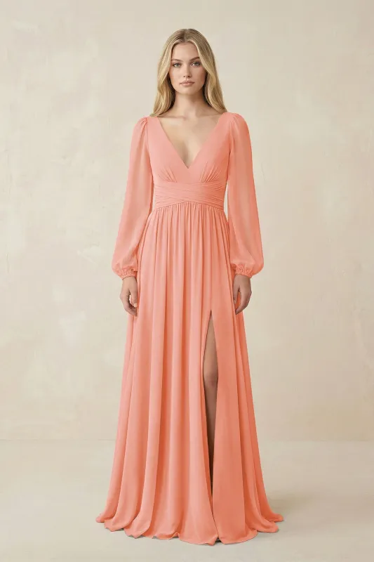 V-Neck Long Sleeve A-Line Chiffon Bridesmaid Dress in Rosette made by KissProm