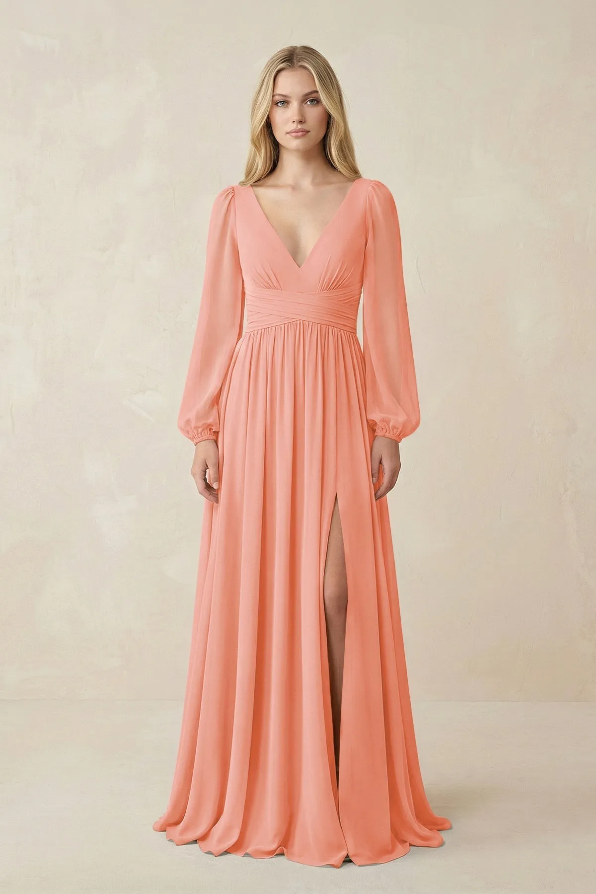 V-Neck Long Sleeve A-Line Chiffon Bridesmaid Dress in Rosette sold by KissProm
