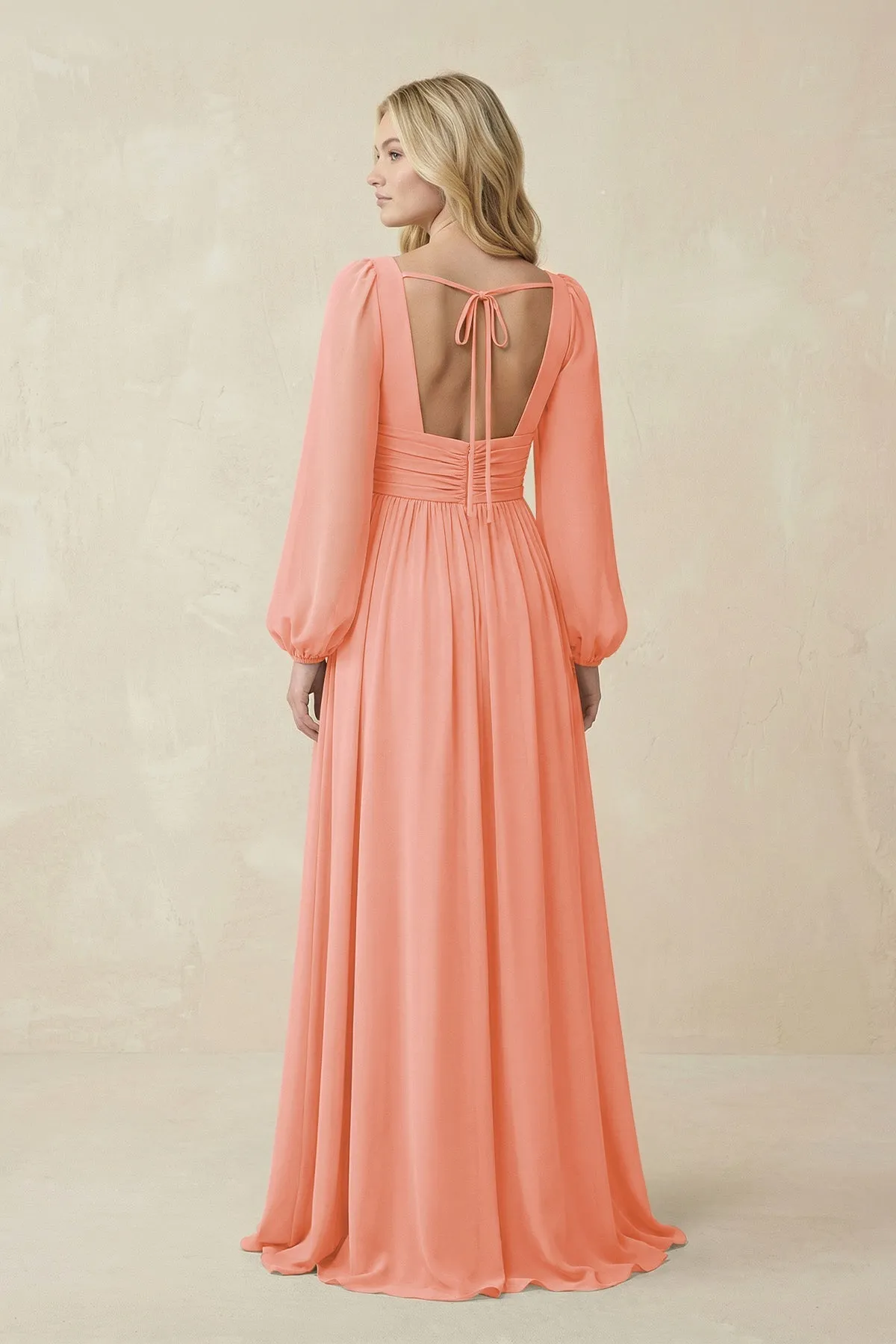 V-Neck Long Sleeve A-Line Chiffon Bridesmaid Dress in Rosette sold by KissProm product image thumbnail 2