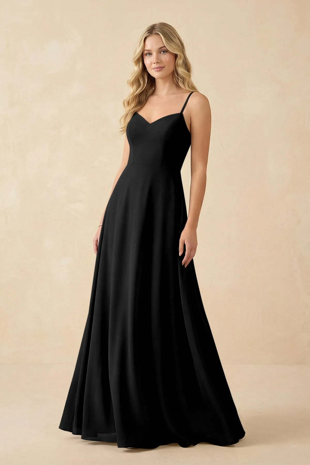 A-Line Chiffon Spaghetti Strap Bridesmaid Dress in Black sold by KissProm
