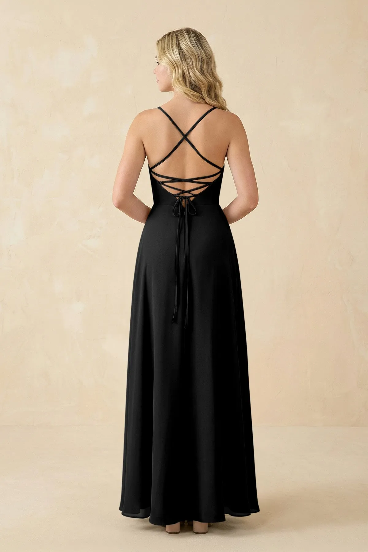A-Line Chiffon Spaghetti Strap Bridesmaid Dress in Black sold by KissProm product image thumbnail 2