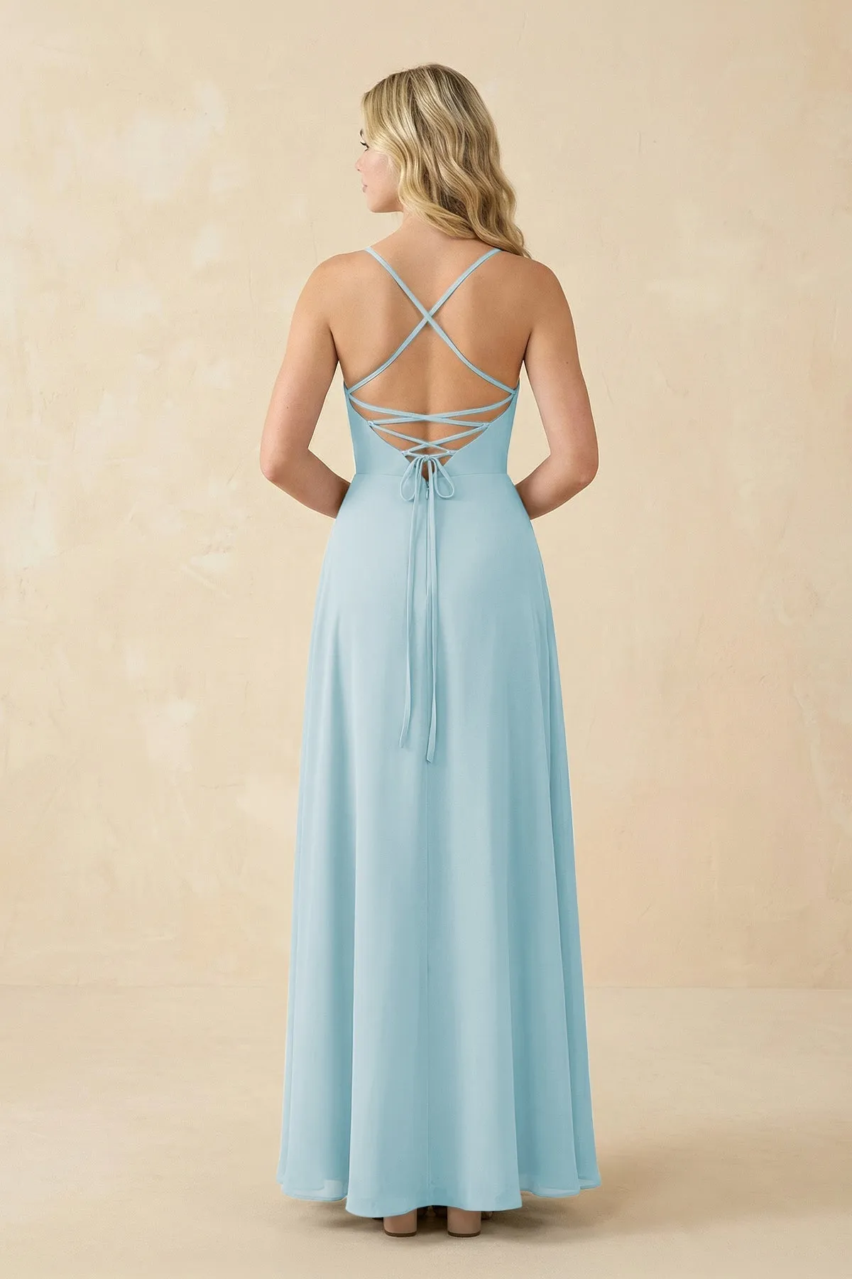 A-Line Chiffon Spaghetti Strap Bridesmaid Dress in Sky Blue sold by KissProm product image thumbnail 2