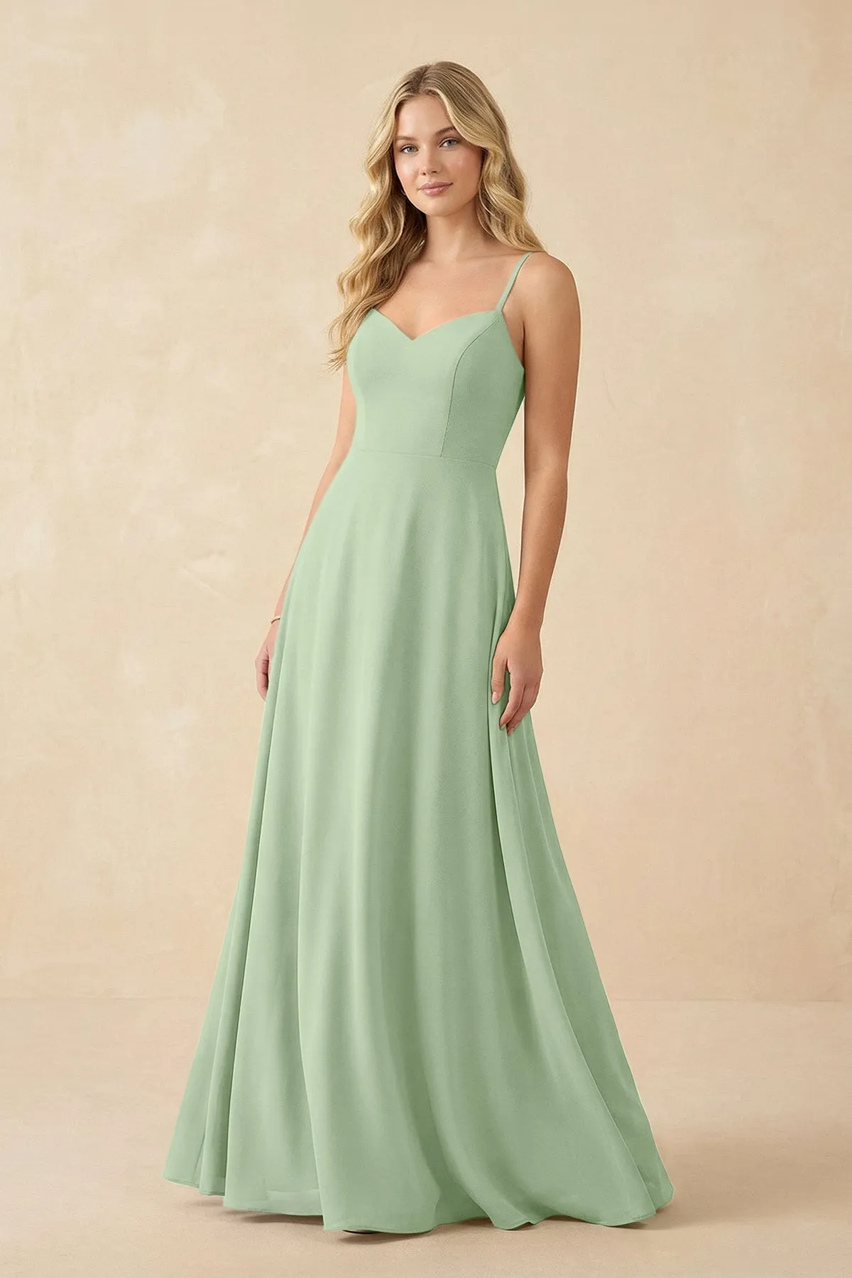 A-Line Chiffon Spaghetti Strap Bridesmaid Dress in Sage sold by KissProm