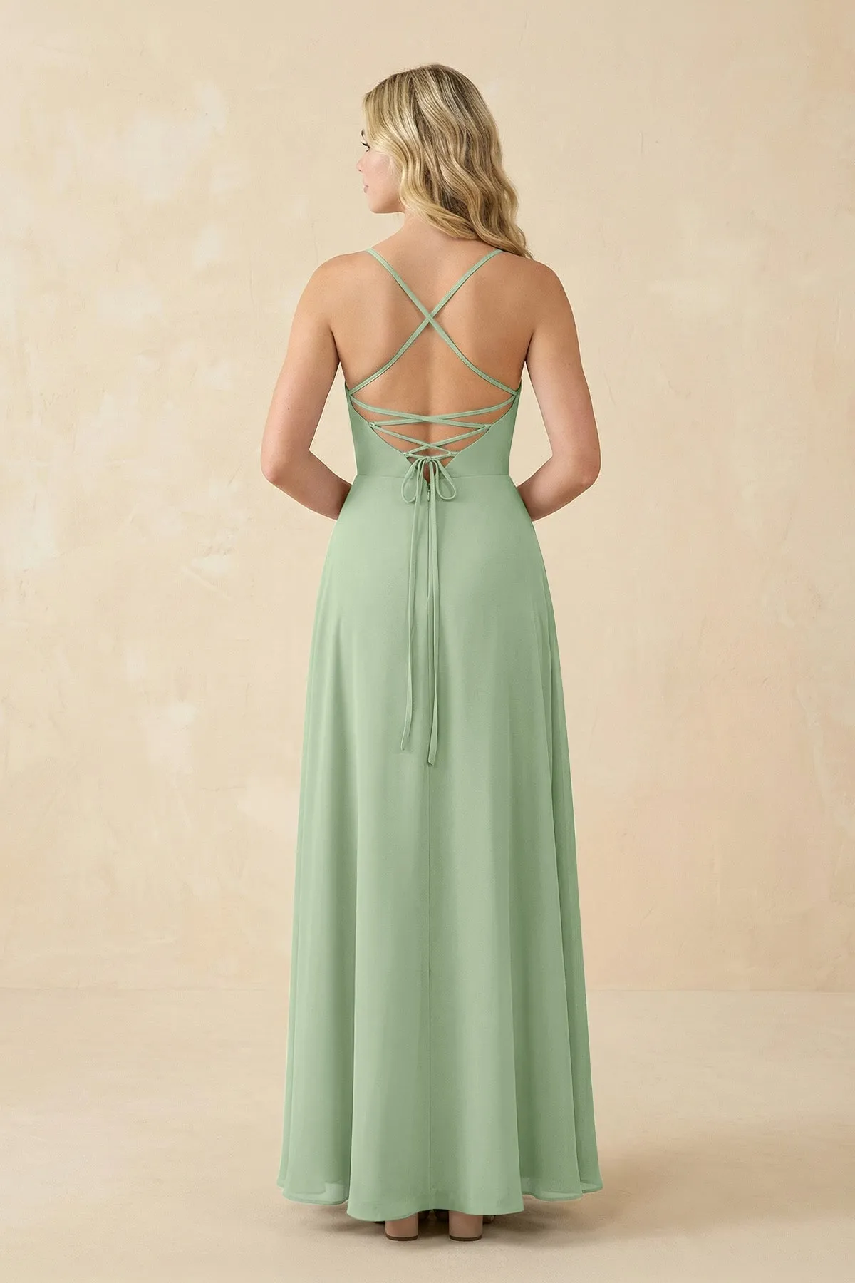 A-Line Chiffon Spaghetti Strap Bridesmaid Dress in Sage sold by KissProm product image thumbnail 2