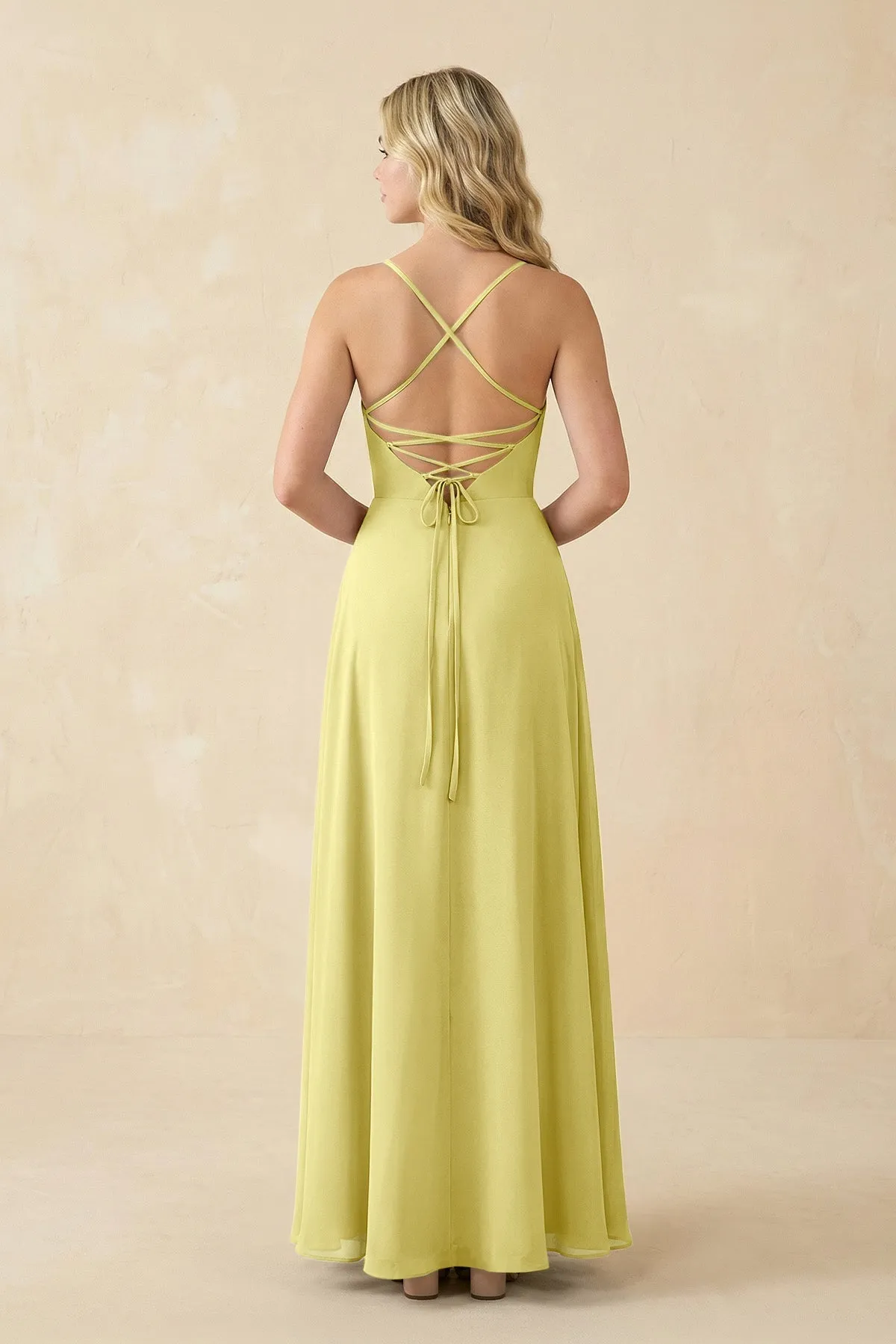 A-Line Chiffon Spaghetti Strap Bridesmaid Dress in Buttercup sold by KissProm product image thumbnail 2