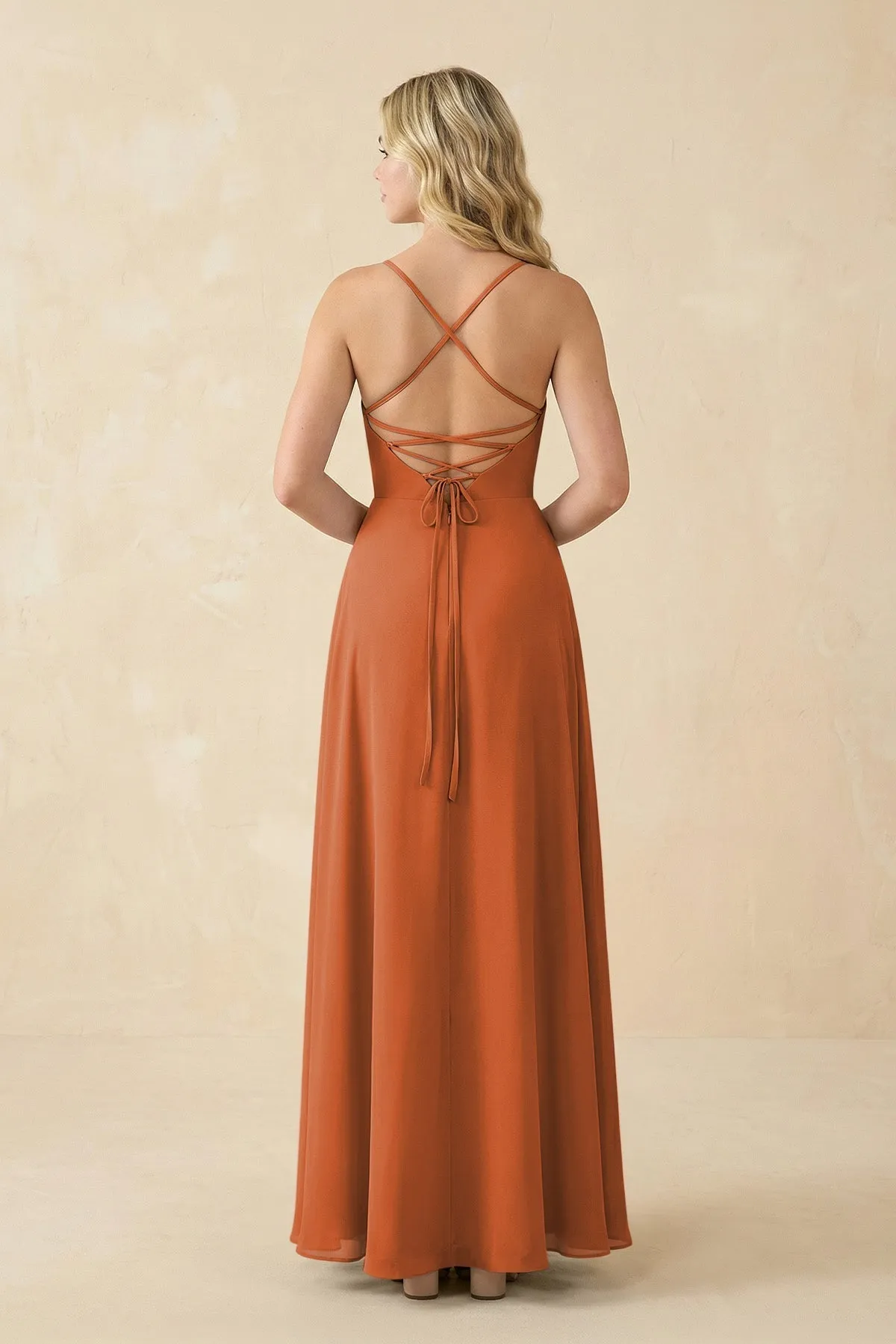 A-Line Chiffon Spaghetti Strap Bridesmaid Dress in Terracotta sold by KissProm product image thumbnail 2