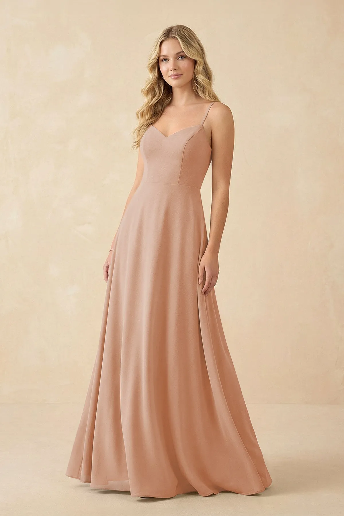 A-Line Chiffon Spaghetti Strap Bridesmaid Dress in Champagne Rose sold by KissProm