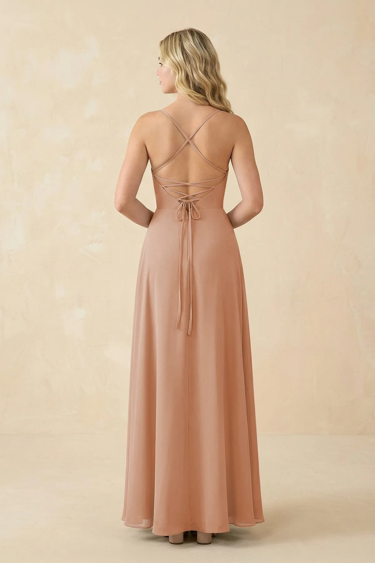 A-Line Chiffon Spaghetti Strap Bridesmaid Dress in Champagne Rose sold by KissProm product image thumbnail 2