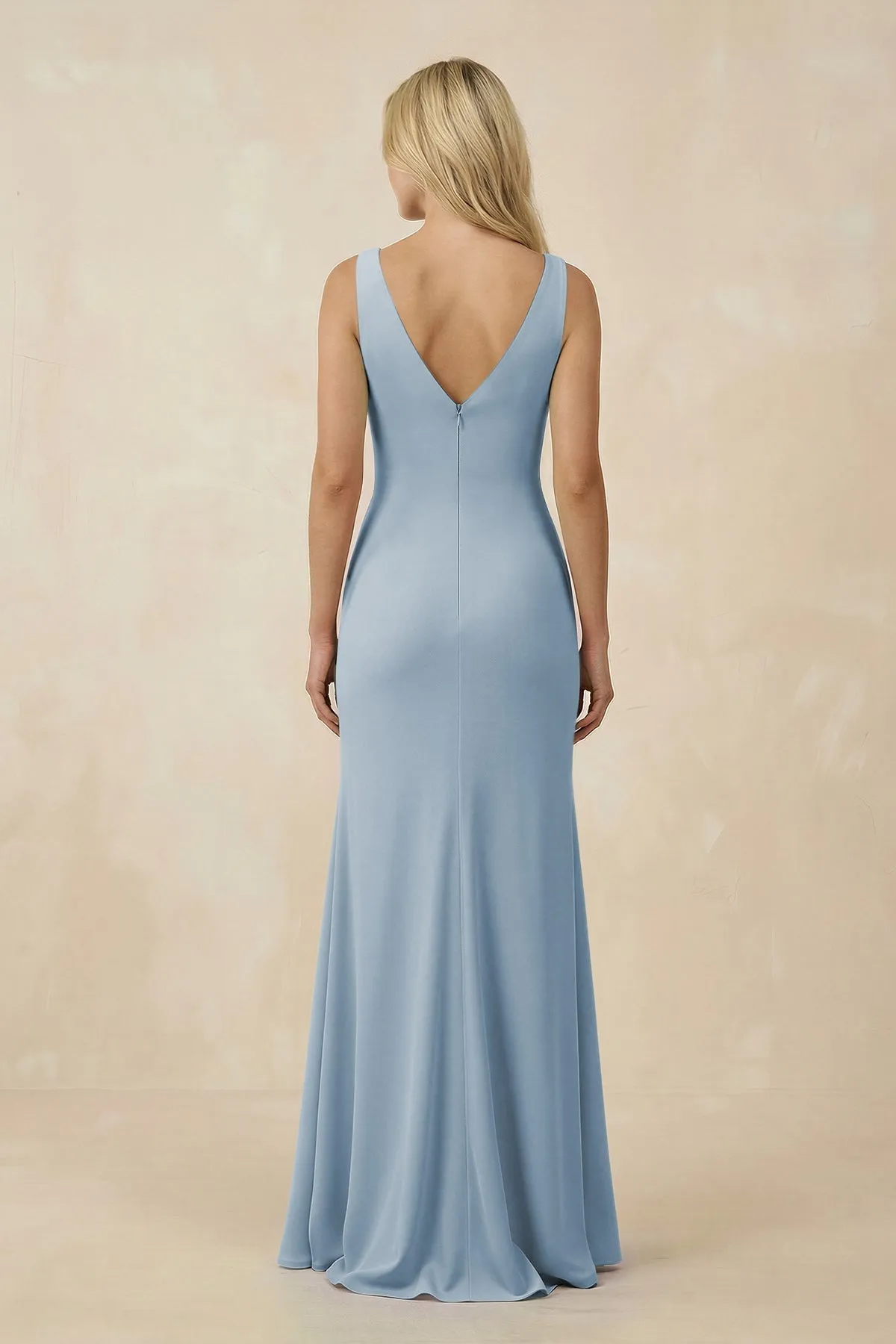 V-Neck Ruched Sheath Bridesmaid Dress with Slit in Dusty Blue sold by KissProm product image thumbnail 2