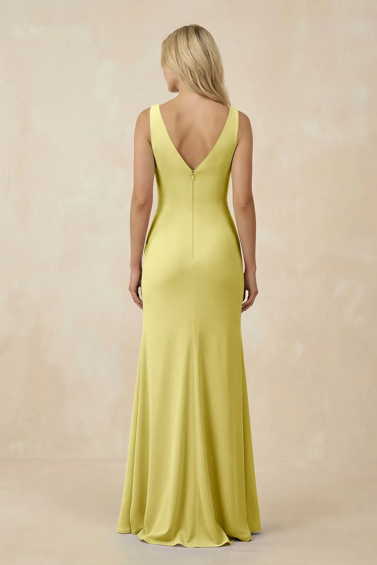 V-Neck Ruched Sheath Bridesmaid Dress with Slit in Buttercup sold by KissProm product image thumbnail 2