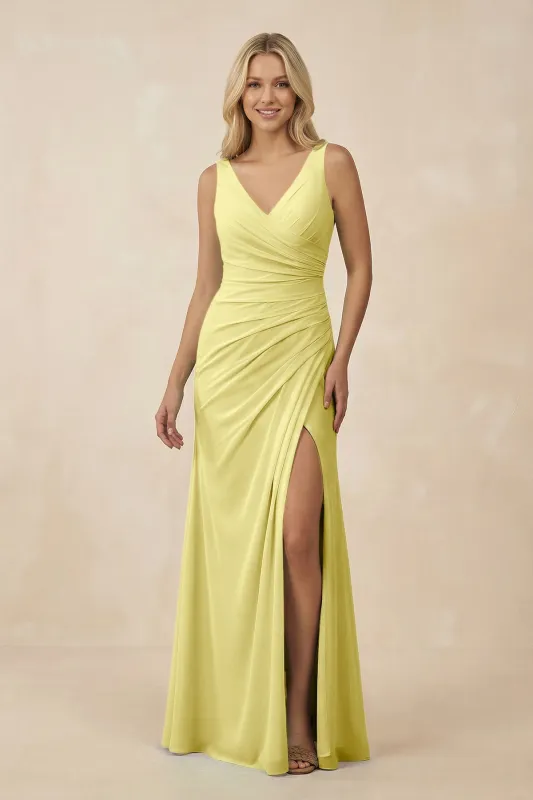 V-Neck Ruched Sheath Bridesmaid Dress with Slit in Buttercup made by KissProm
