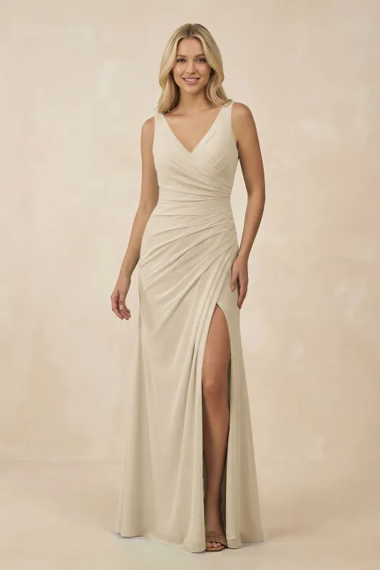 V-Neck Ruched Sheath Bridesmaid Dress with Slit in Champagne made by KissProm