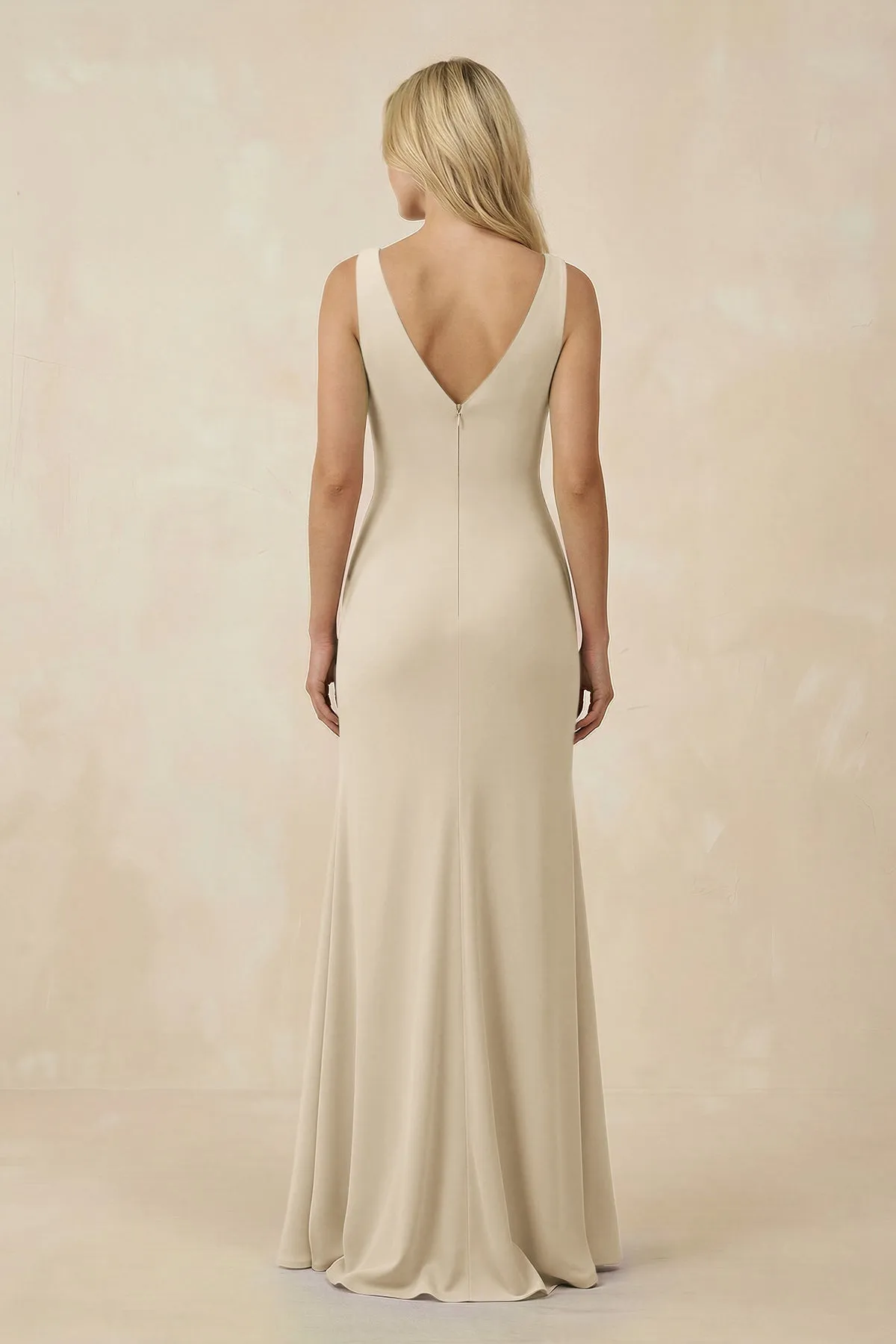 V-Neck Ruched Sheath Bridesmaid Dress with Slit in Champagne sold by KissProm product image thumbnail 2