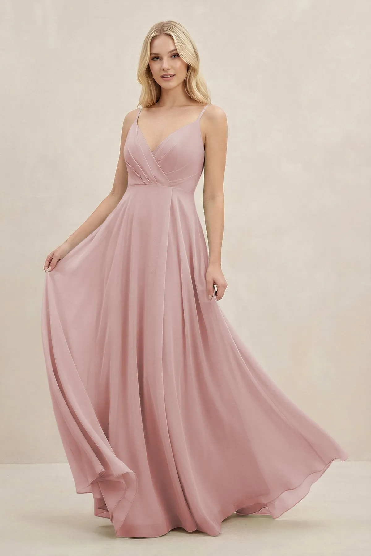 A-Line Spaghetti Strap Chiffon Bridesmaid Dress in Dusty Rose sold by KissProm