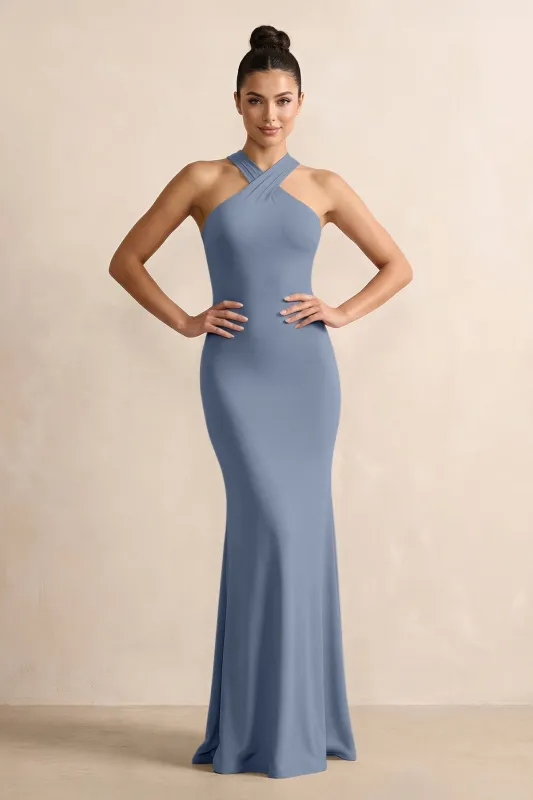 Crisscross Halter Sheath Chiffon Bridesmaid Dress with Bow in Neptune made by KissProm