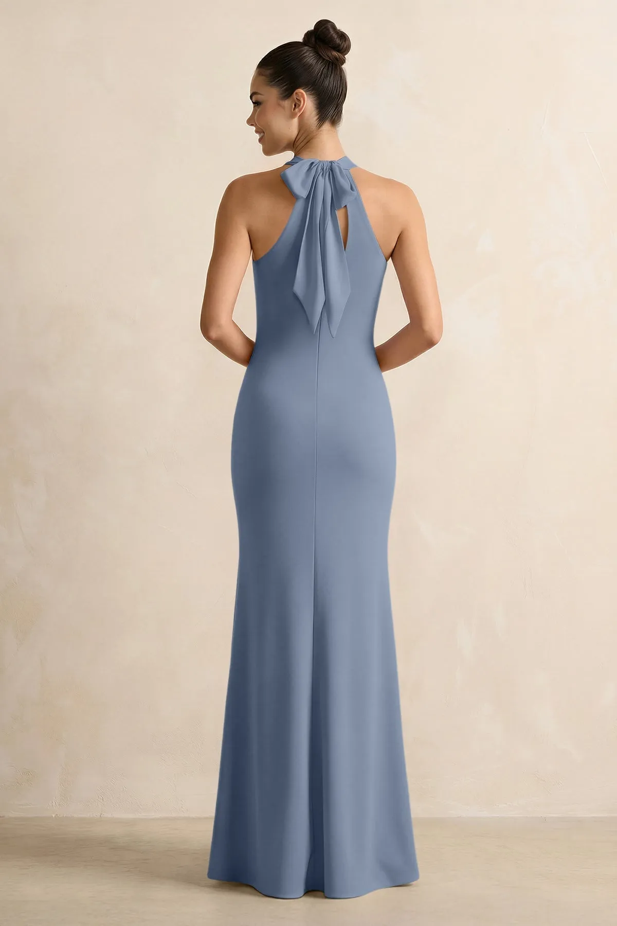 Crisscross Halter Sheath Chiffon Bridesmaid Dress with Bow in Neptune sold by KissProm product image thumbnail 2