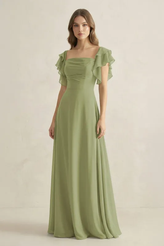 Ruffled Sleeves A-Line Chiffon Bridesmaid Dress in Moss Green made by KissProm