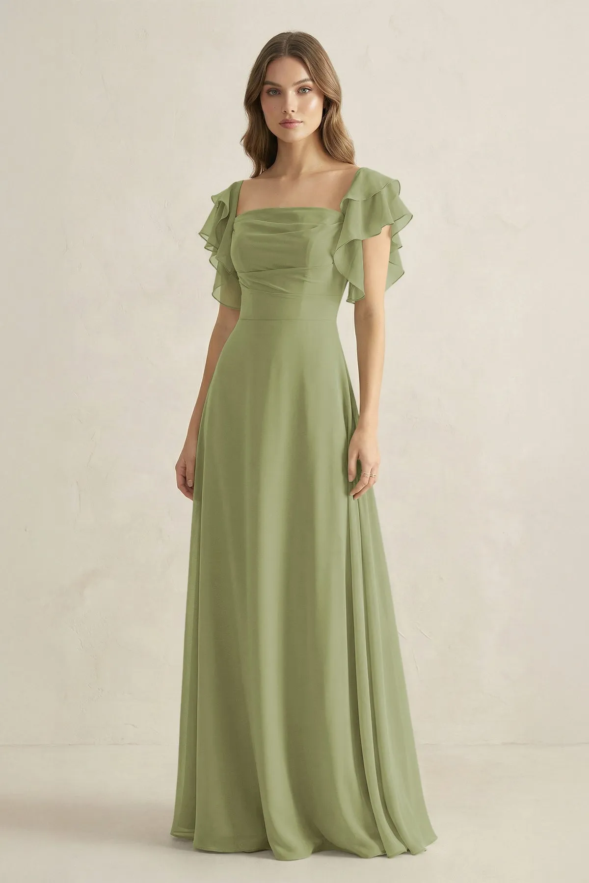 Ruffled Sleeves A-Line Chiffon Bridesmaid Dress in Moss Green sold by KissProm