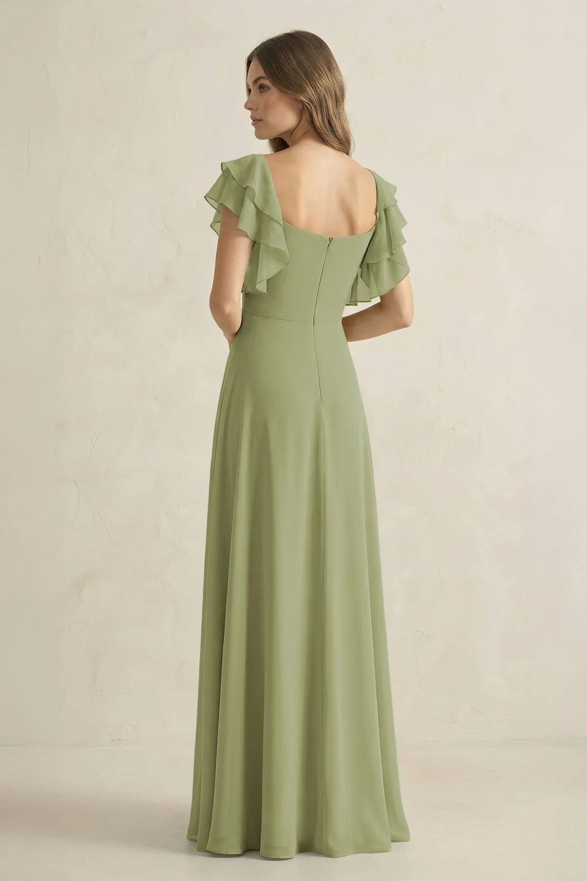 Ruffled Sleeves A-Line Chiffon Bridesmaid Dress in Moss Green sold by KissProm product image thumbnail 2