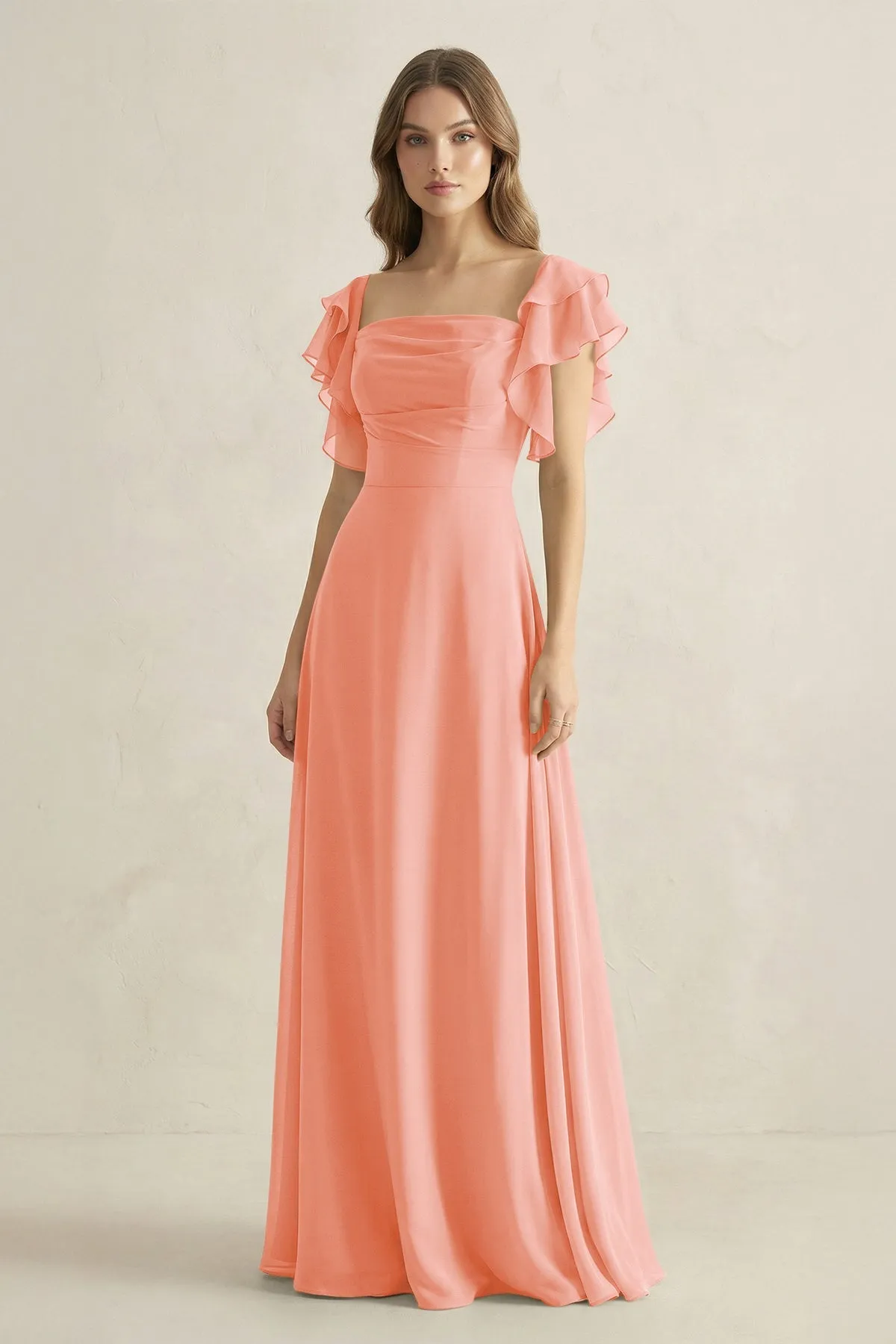 Ruffled Sleeves A-Line Chiffon Bridesmaid Dress in Rosette sold by KissProm